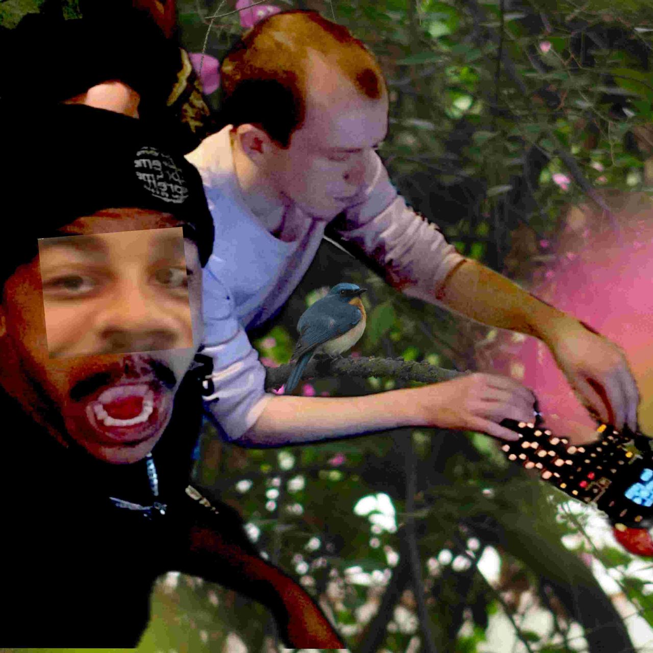 Collage of Ep1 with Tone and the sp404 over a blue birdie in the background