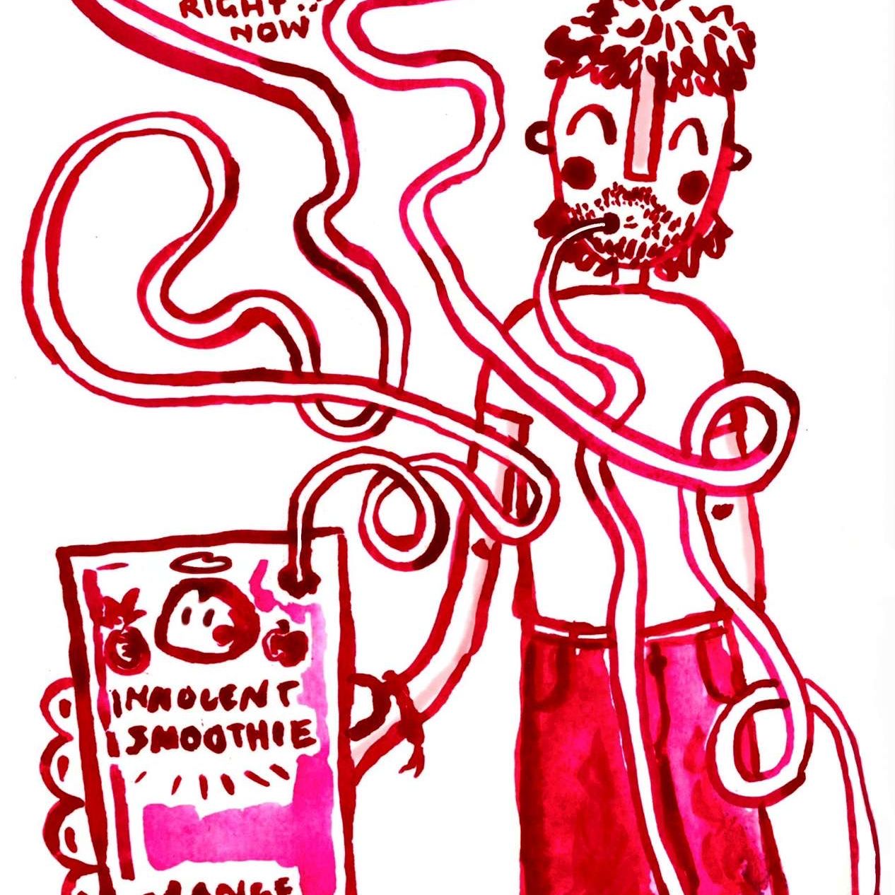 Red painting on white background with me and an innocent smoothie, Olivia Fitzgerald