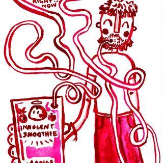 Red painting on white background with me and an innocent smoothie, Olivia Fitzgerald