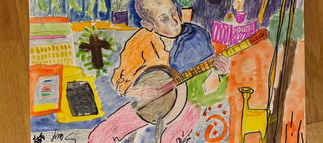 A colourful painting of me sitting in the studio, playing the banjo